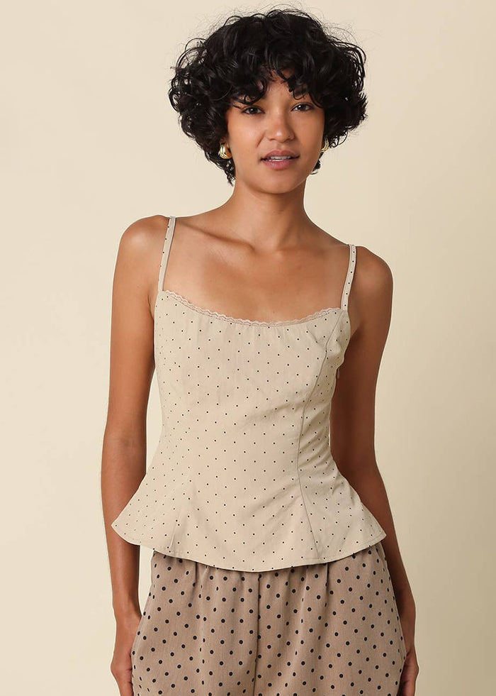Jan Polka Dot Peplum Cami Top - Khaki