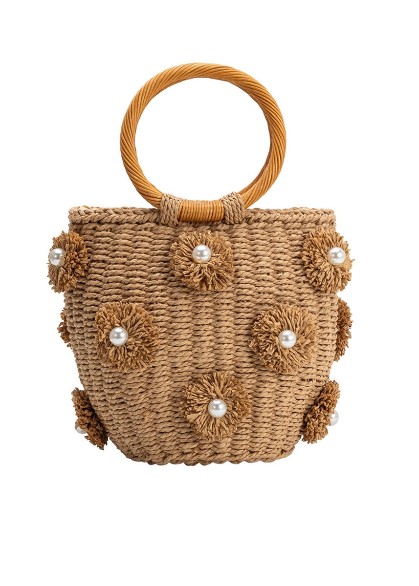 Mary Straw Flower Handle Bag - Tan