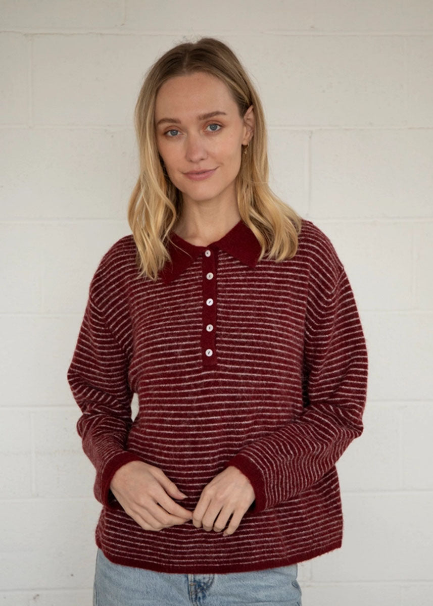Jace Stripe Knit Polo Pullover - Wine