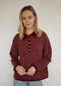 Jace Stripe Knit Polo Pullover - Wine