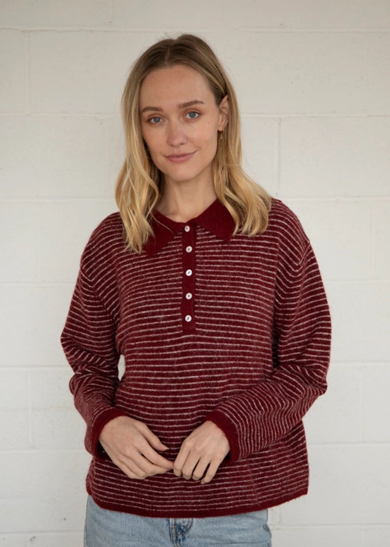 Jace Stripe Knit Polo Pullover - Wine