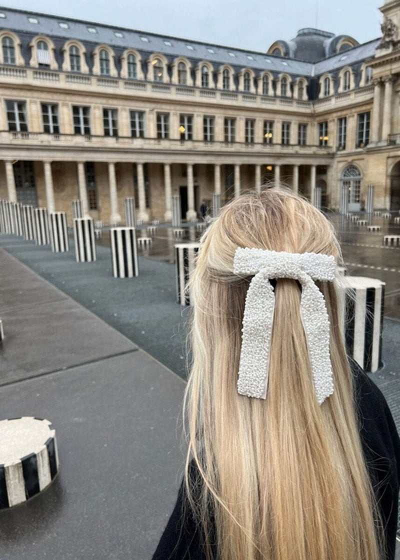 Beaded Hair Bow Clip - White Pearl