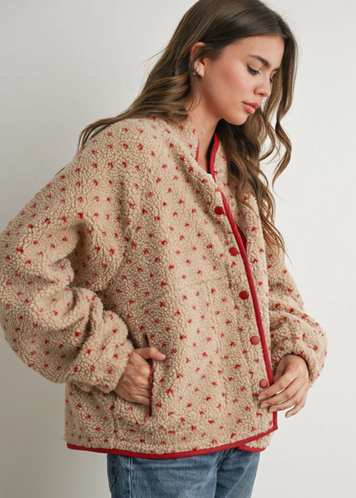 Pippa Fleece Puffer Jacket - Taupe & Red