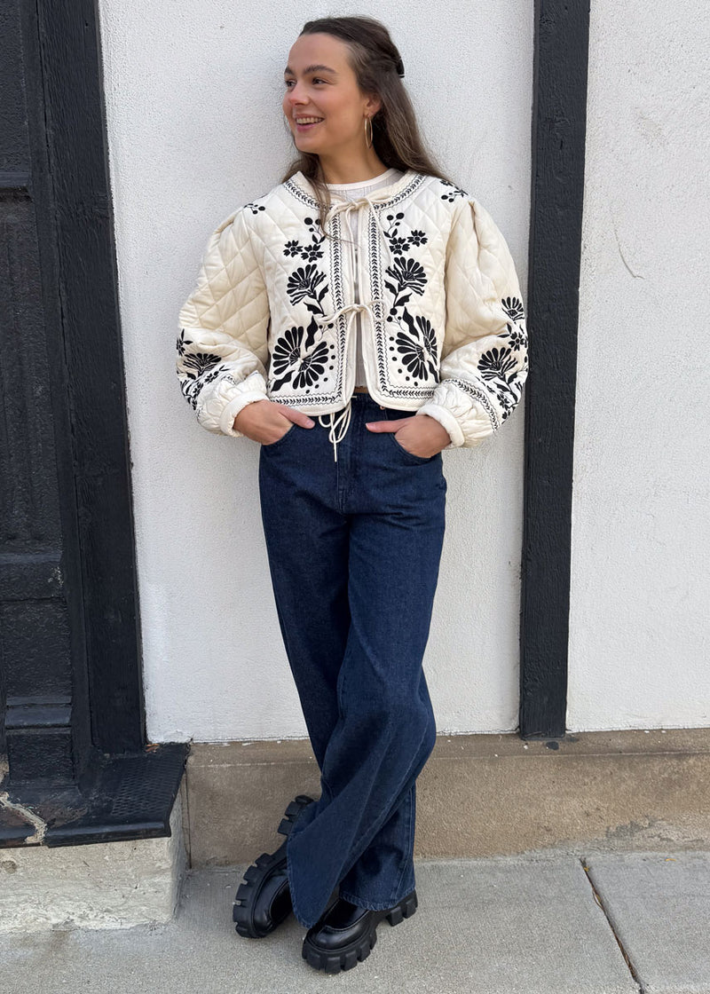 Annabel Floral Embroidered Quilted Jacket - Light Taupe