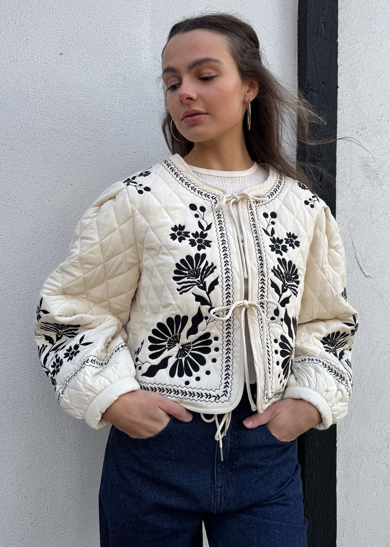 Annabel Floral Embroidered Quilted Jacket - Light Taupe