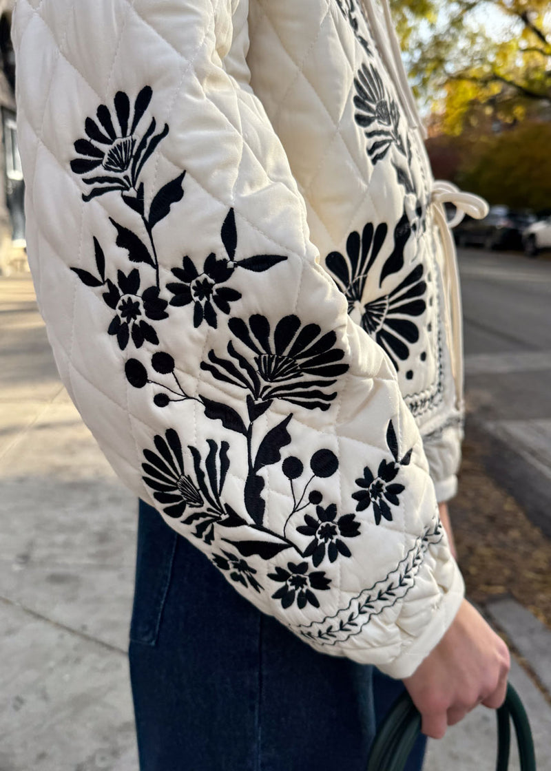 Annabel Floral Embroidered Quilted Jacket - Light Taupe