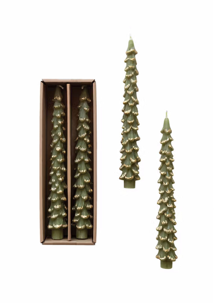 Tree Shaped Gold-Tipped Taper Candles - Evergreen