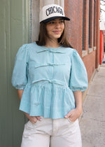 Tally Puff Tie Peplum Top - Garden Green