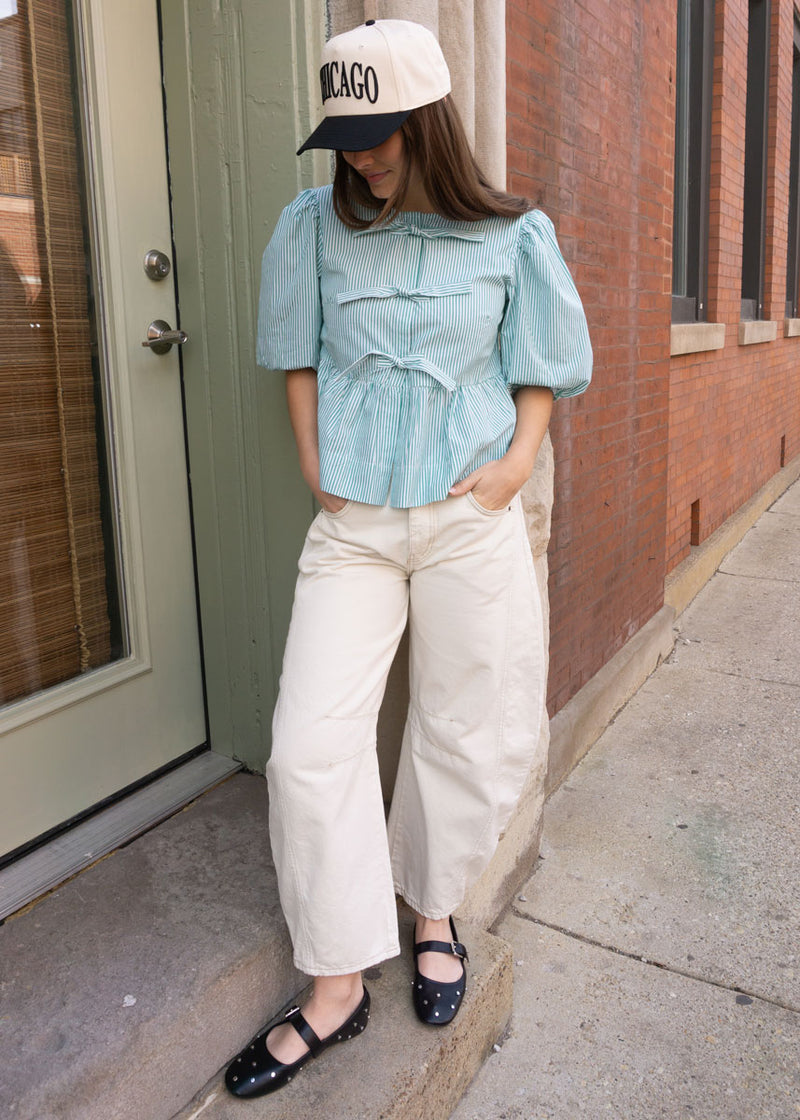 Tally Puff Tie Peplum Top - Garden Green