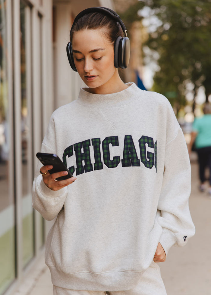 Chicago Collegiate Plaid Mock Neck Sweatshirt - Heather Grey