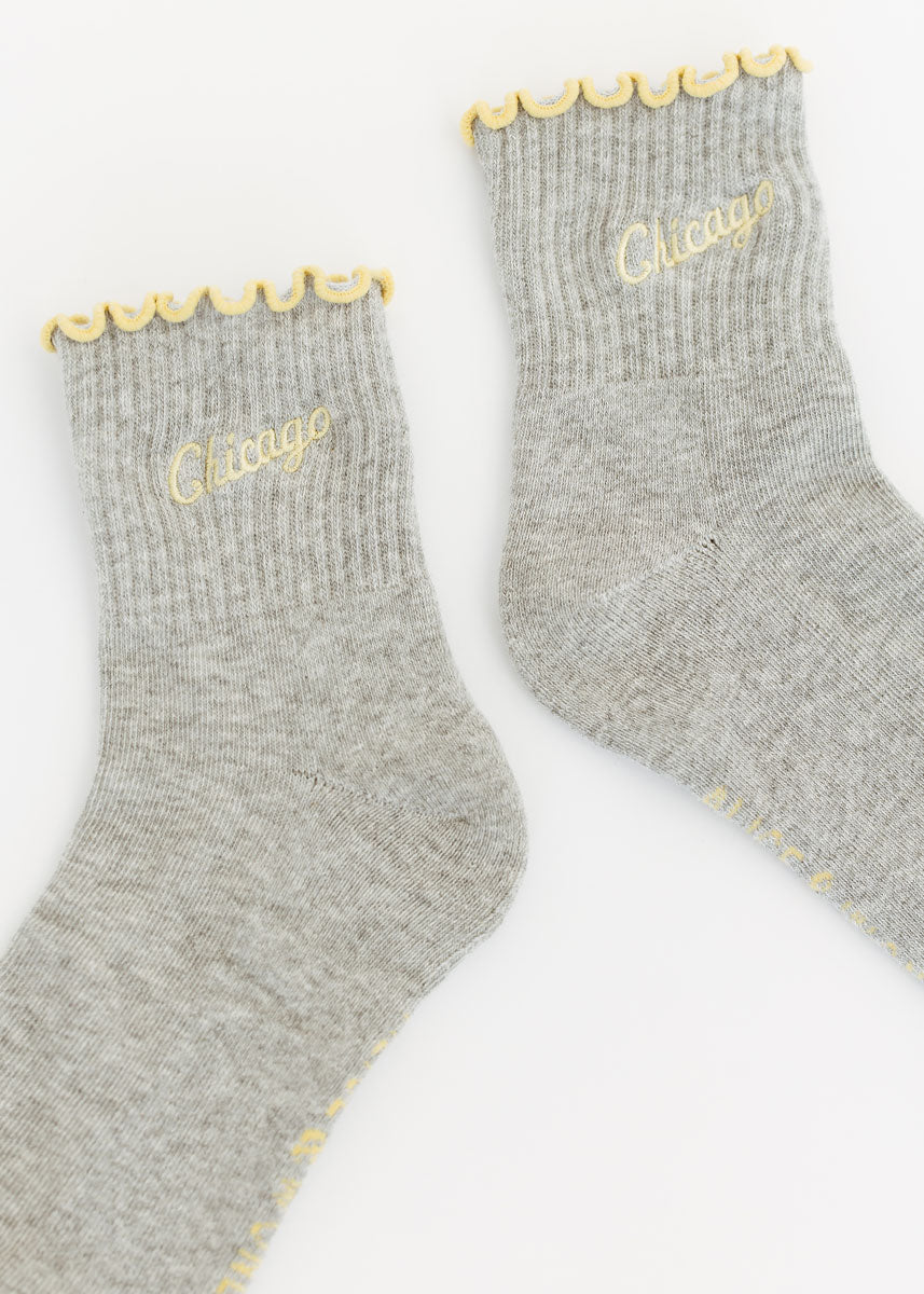 Chicago Script Ruffle Crew Sock - Heather Grey & Butter