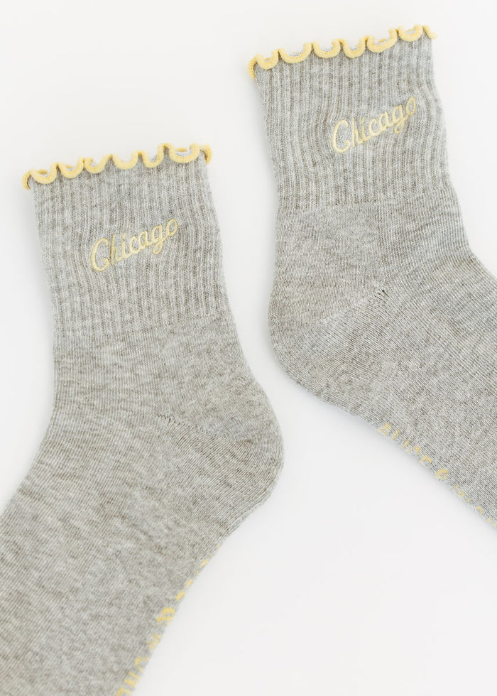 Chicago Script Ruffle Crew Sock - Heather Grey & Butter