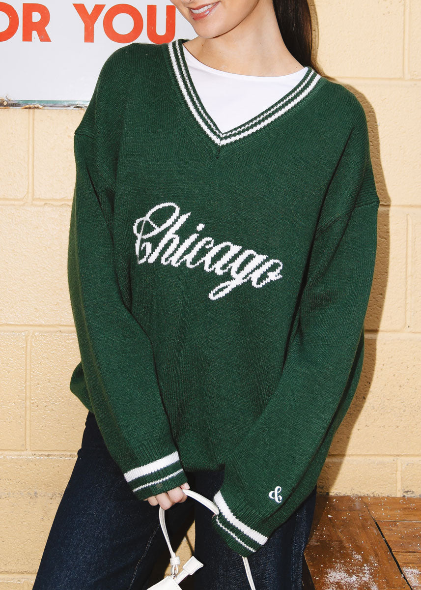 Chicago Collegiate V-Neck Sweater - Green & White