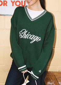 Chicago Collegiate V-Neck Sweater - Green & White