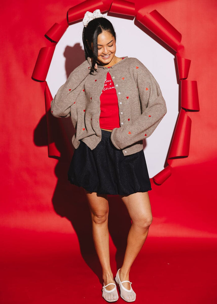 Piper Heart Cardigan - Mocha & Red