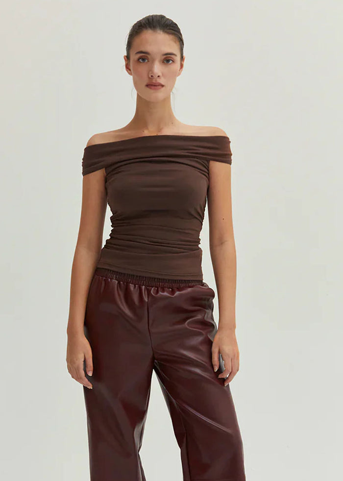 Nora Ruched Off-Shoulder Knit Top - Espresso