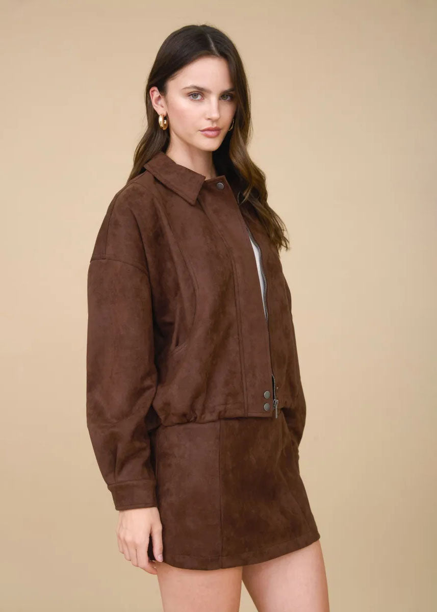 Dawson Faux Suede Zip Jacket - Chocolate Brown