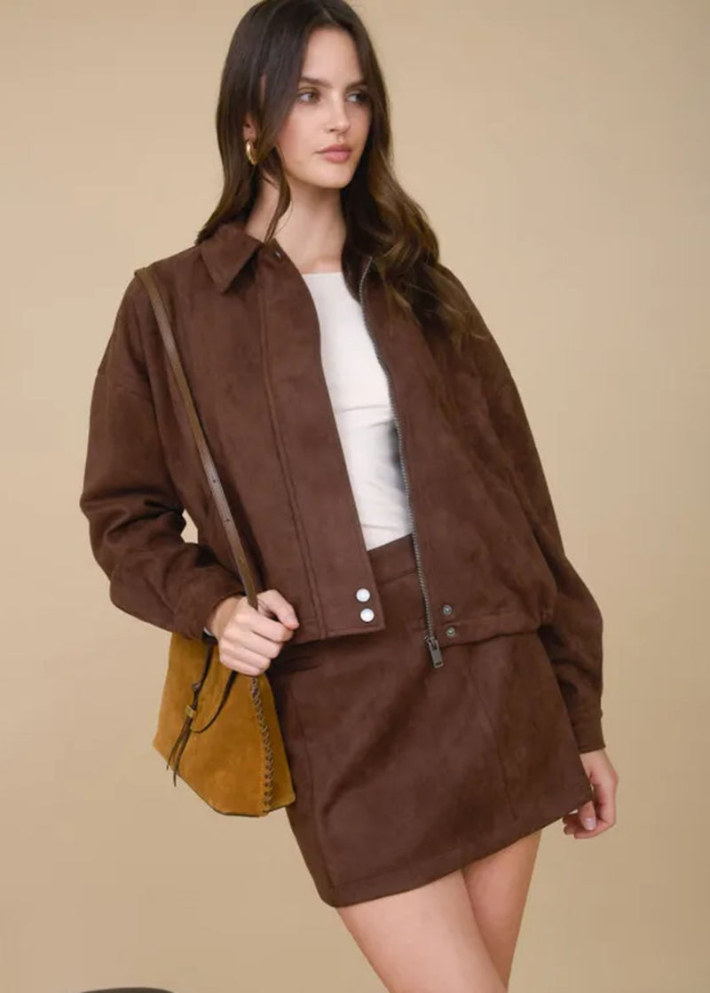 Dawson Faux Suede Zip Jacket - Chocolate Brown