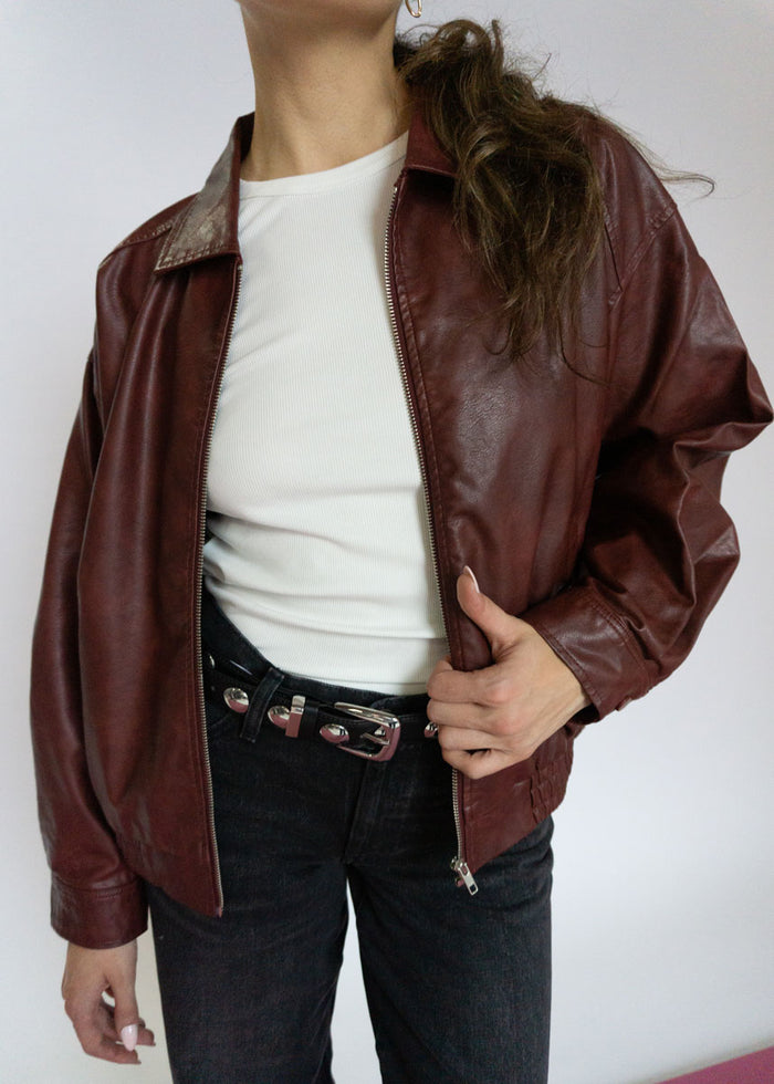 Delia Faux Leather Zip Jacket - Wine