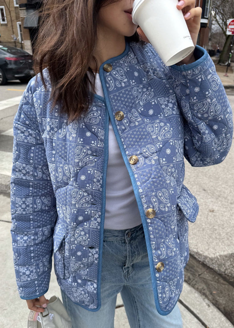 Sadie Paisley Bandana Quilted Jacket - Denim Blue