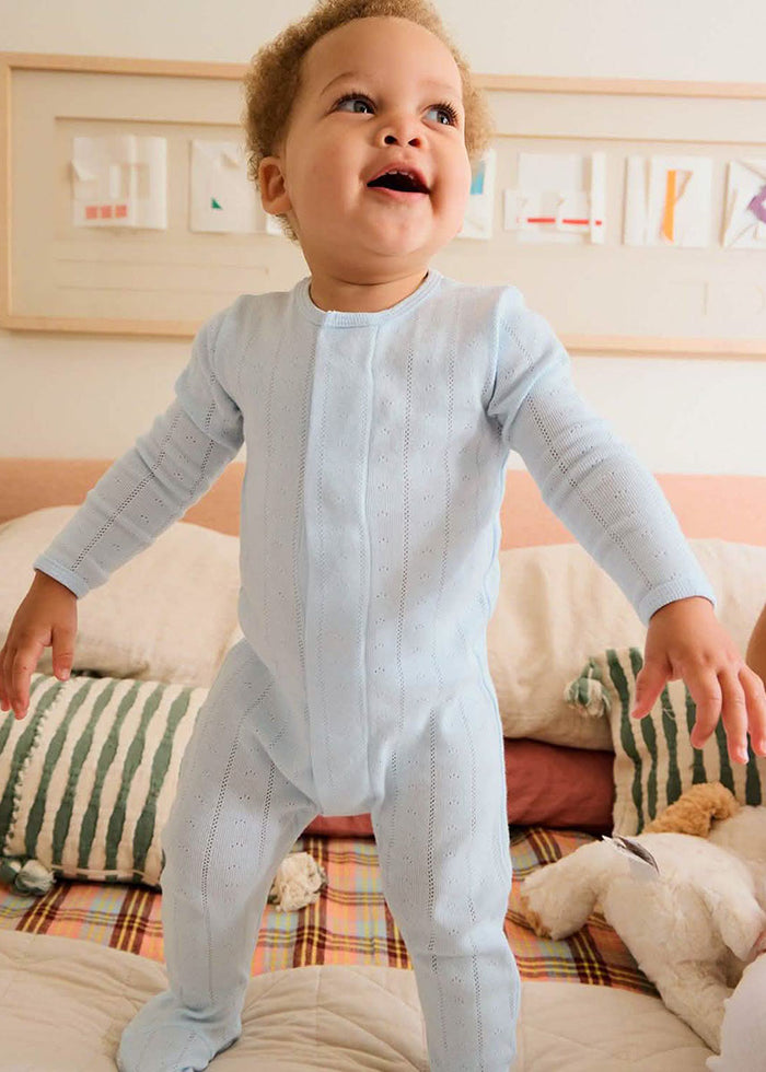 Organic Cotton Pointelle Magnetic Footie - Love Lines Blue