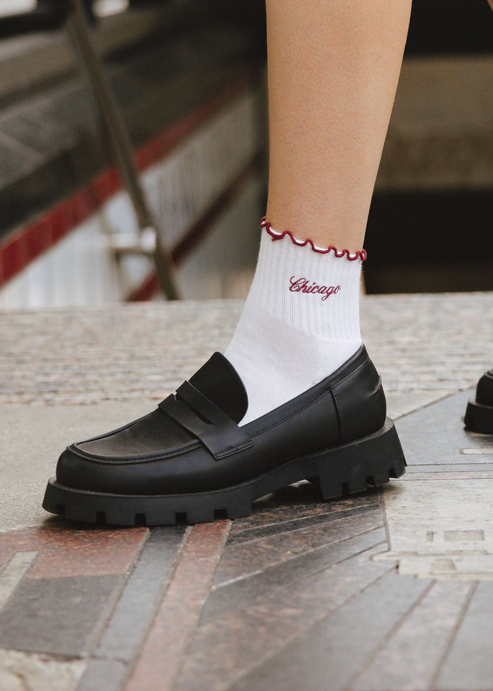 Chicago Ruffle Sock - Ivory & Burgundy