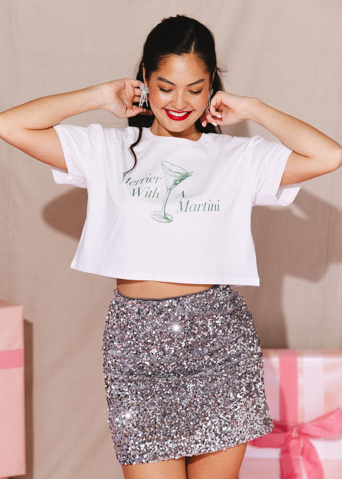 Merrier With A Martini Cropped Tee - White