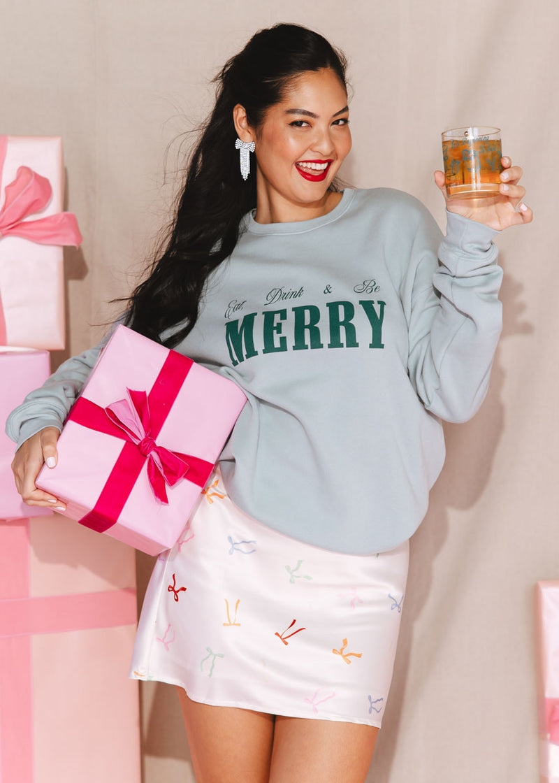 Eat, Drink & Be Merry Crewneck Sweatshirt - Dusty Blue