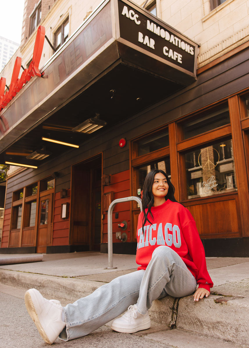 Chicago Collegiate Puff Mock Neck Sweatshirt - Red & Sky Blue
