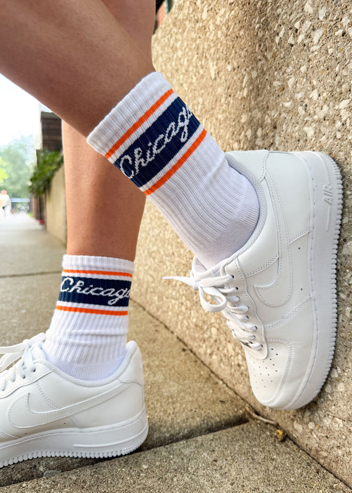 Chicago Script Triple Stripe Long Crew Sock - Navy & Orange