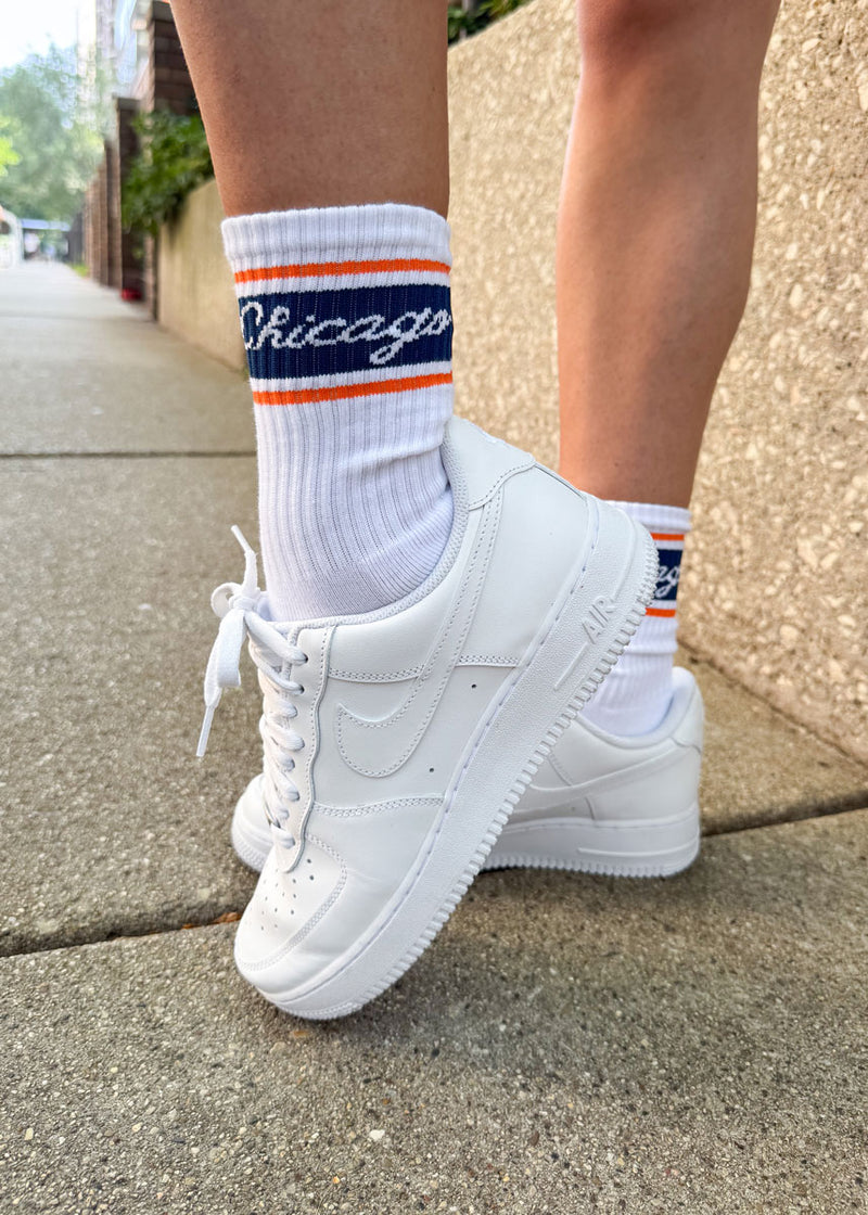 Chicago Script Triple Stripe Long Crew Sock - Navy & Orange