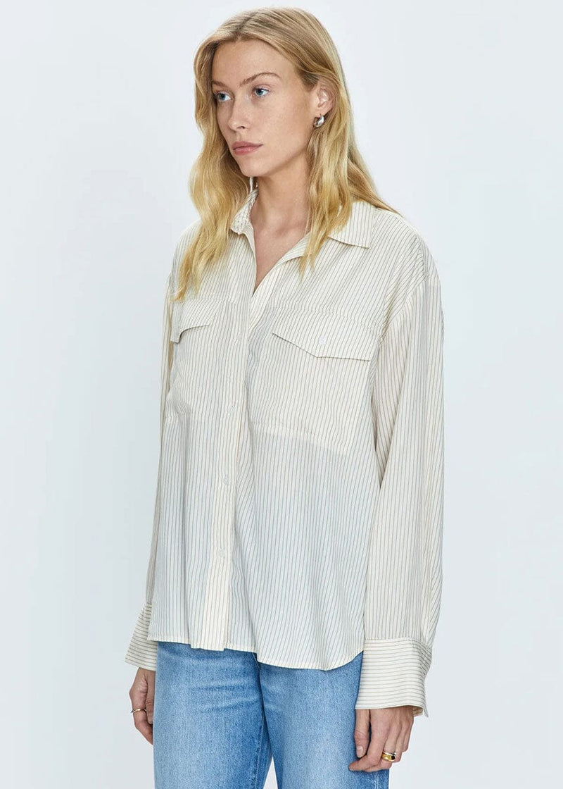 Nellie Oversized Button-Down Shirt - Tan & White Pinstripe