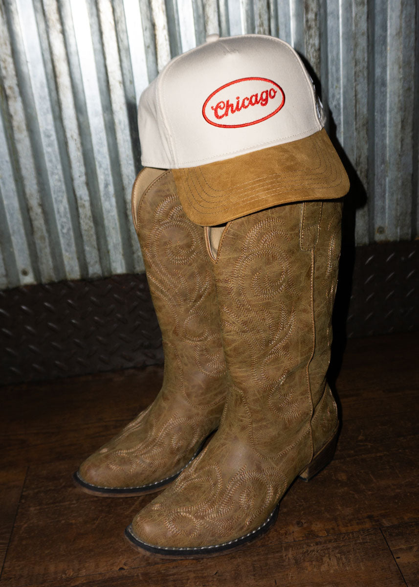 Chicago Patch Baseball Hat - Ivory & Light Brown Suede