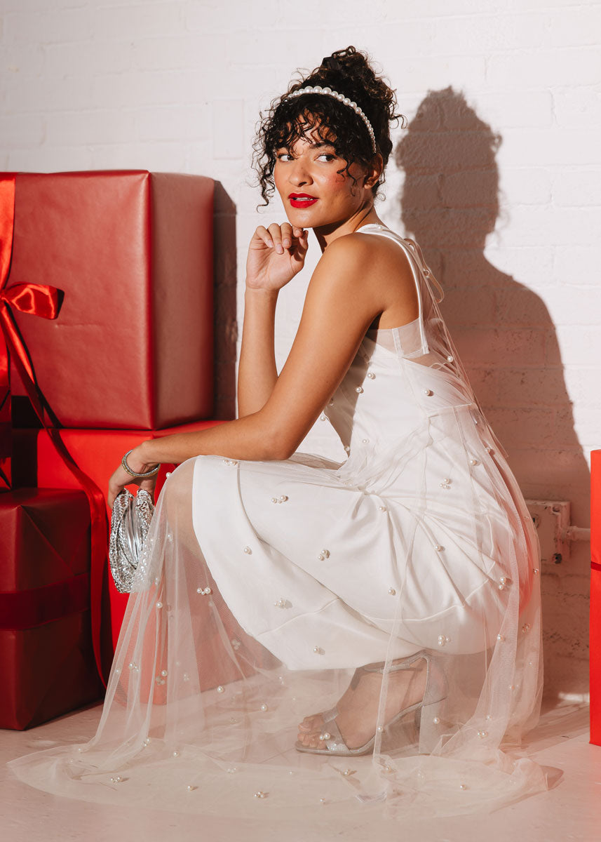 Margaret Pearl Beaded Mesh Midi Dress - Cream