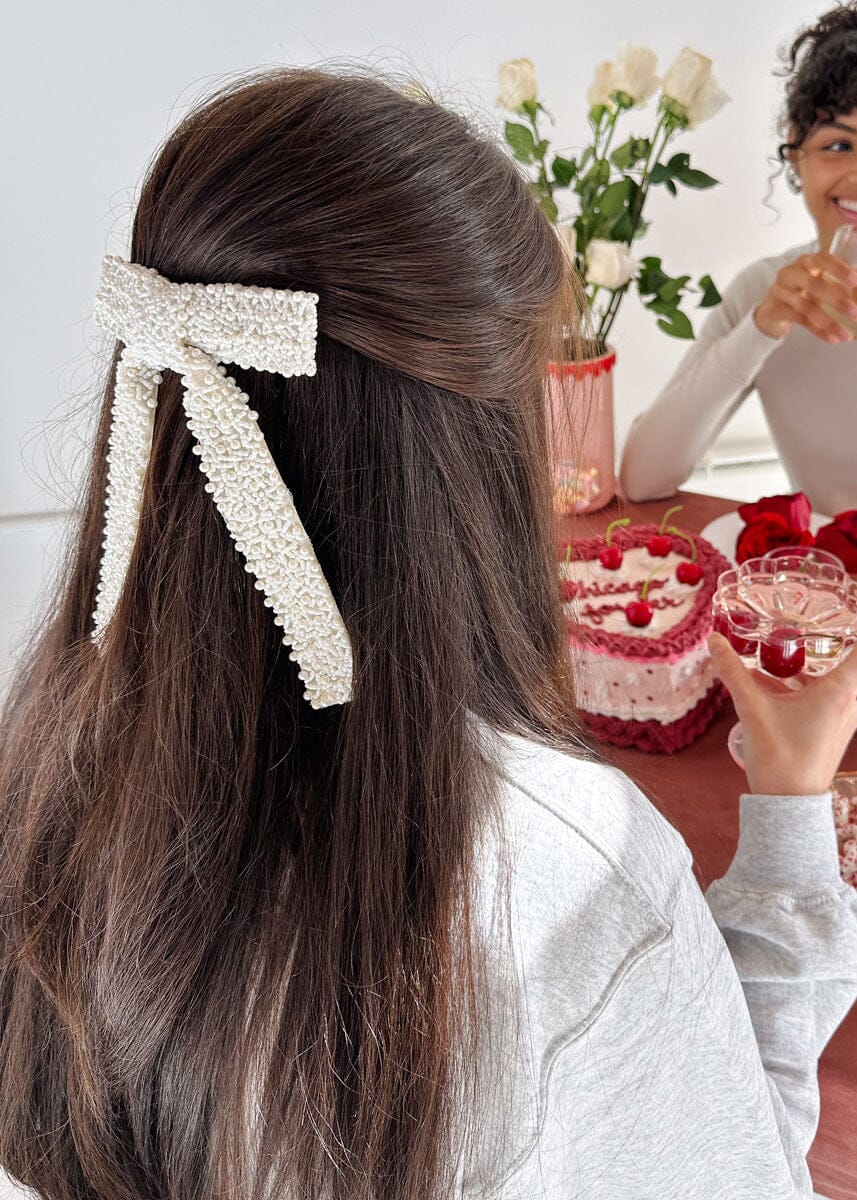 Beaded Hair Bow Clip - White Pearl