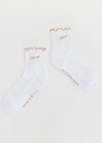 Chicago Script Ruffle Crew Sock - White & Pink