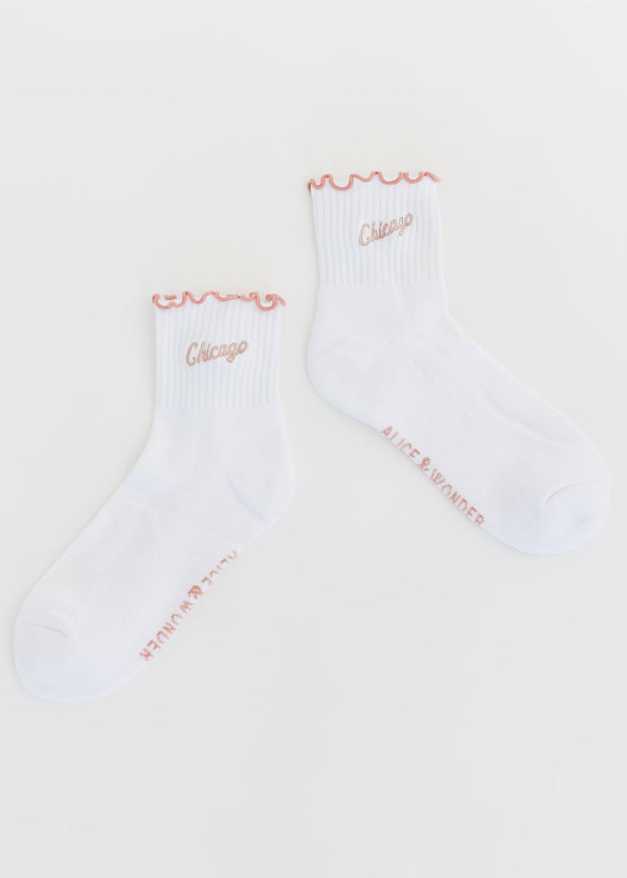 Chicago Script Ruffle Crew Sock - White & Pink