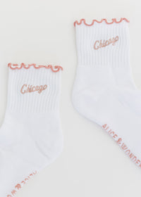 Chicago Script Ruffle Crew Sock - White & Pink