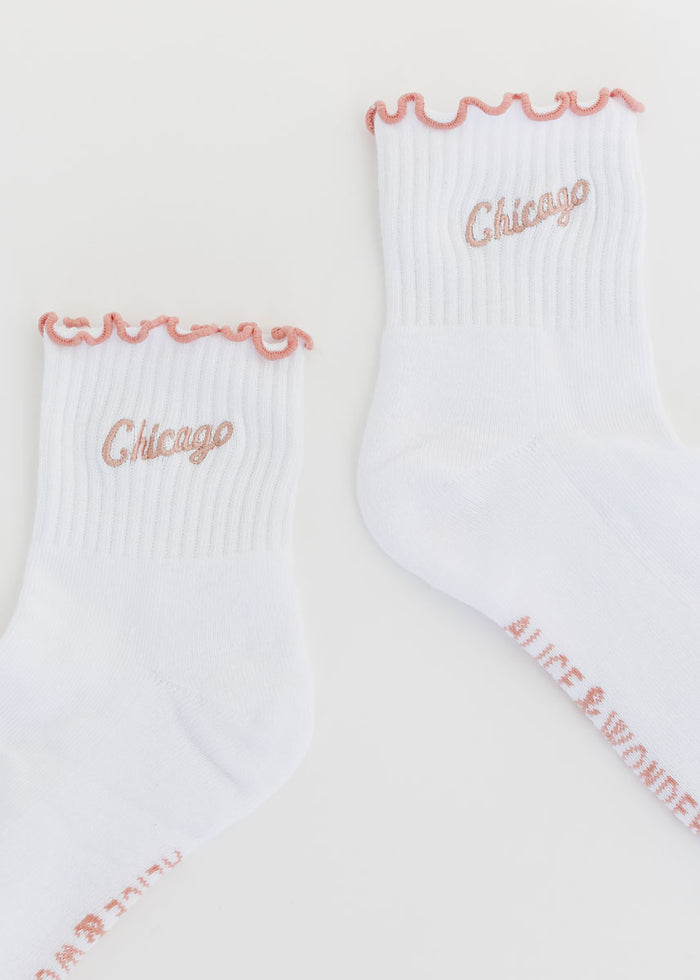 Chicago Script Ruffle Crew Sock - White & Pink