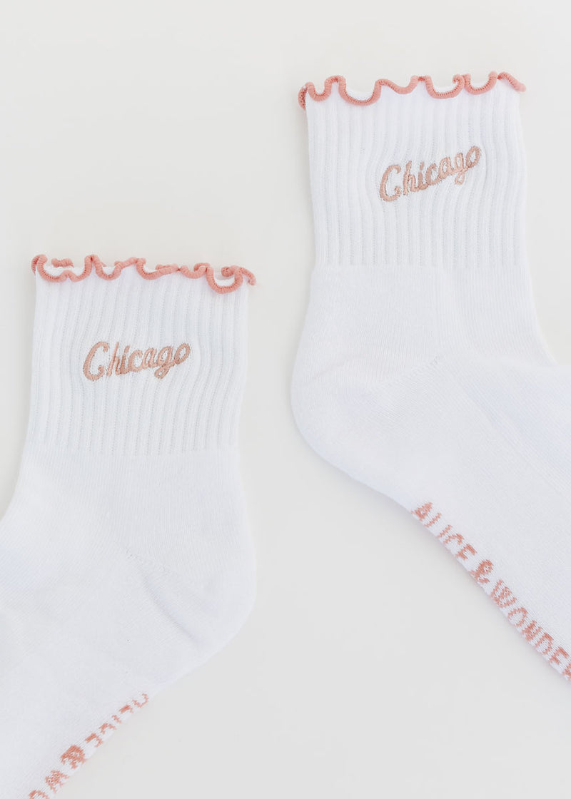 Chicago Script Ruffle Crew Sock - White & Pink