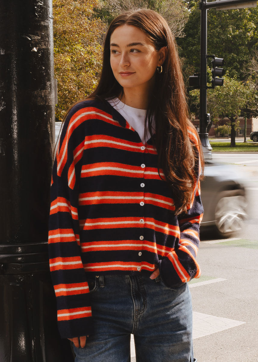 Piper Varsity Stripe Cardigan - Navy & Orange