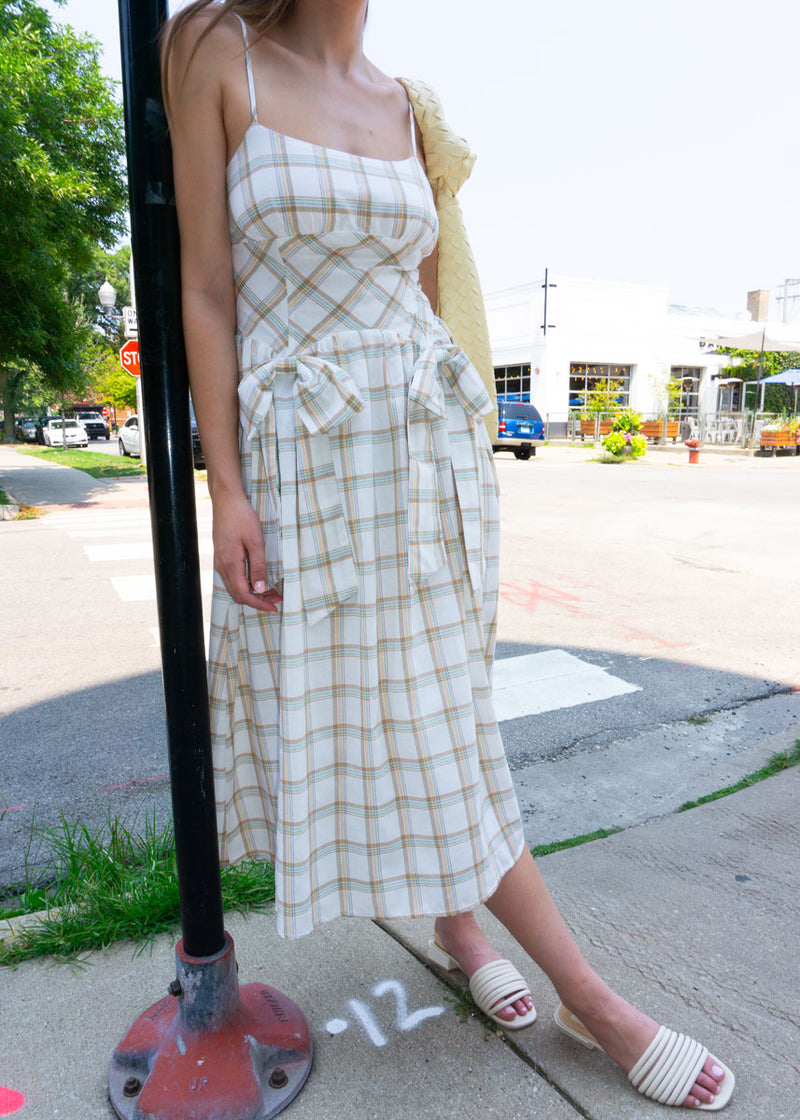 Suzanne Plaid Bows Midi Dress - White Multi