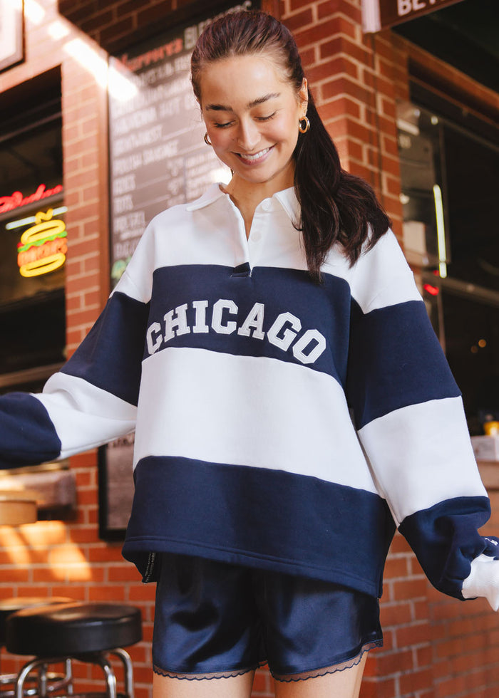 Chicago Color Block Polo Sweatshirt - Navy & White