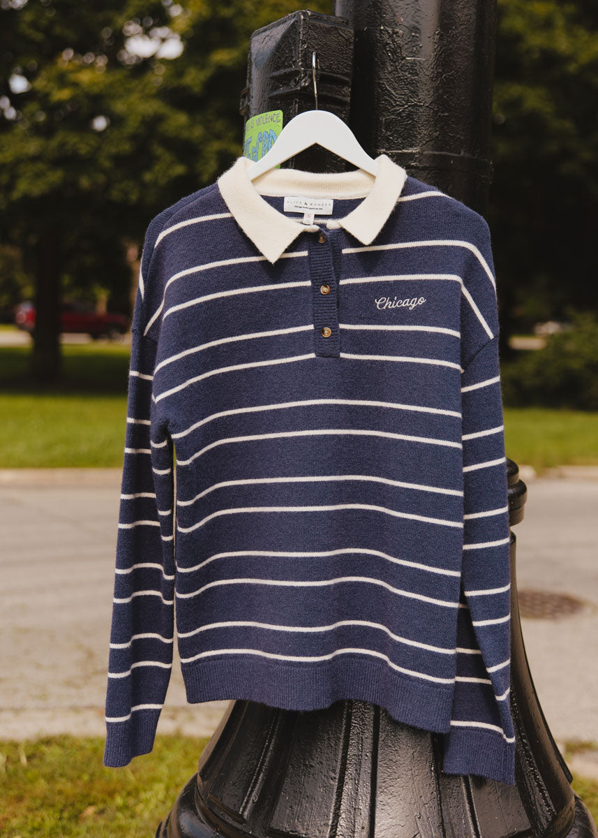 Chicago Embroidered Striped Polo - Navy