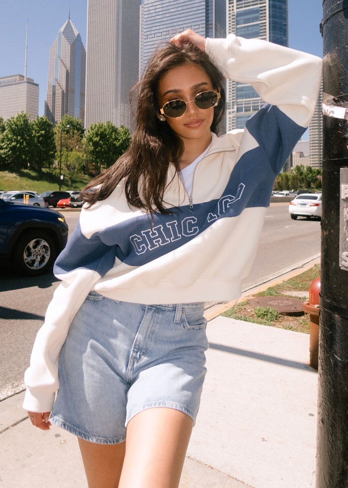 Chicago Color Blocked Quarter Zip Sweatshirt - Ivory & Blue