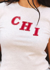 Chi Applique Baby Tee - Grey & Red