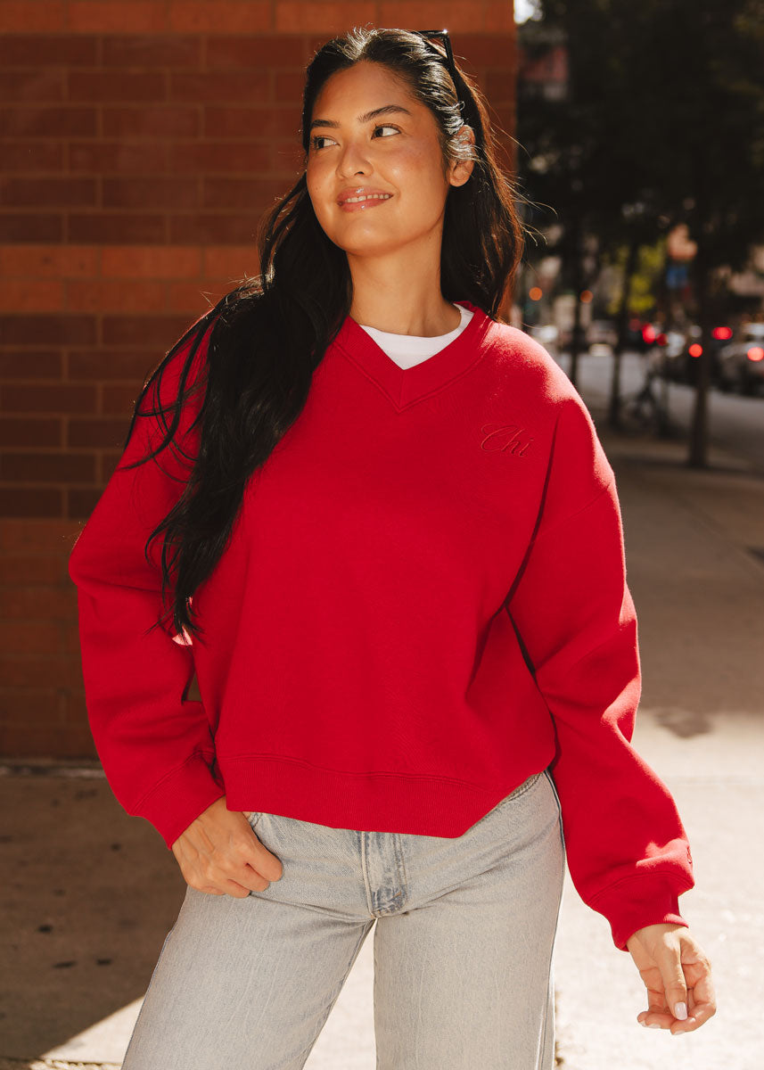 Chi Embroidered V-Neck Sweatshirt - Varsity Red