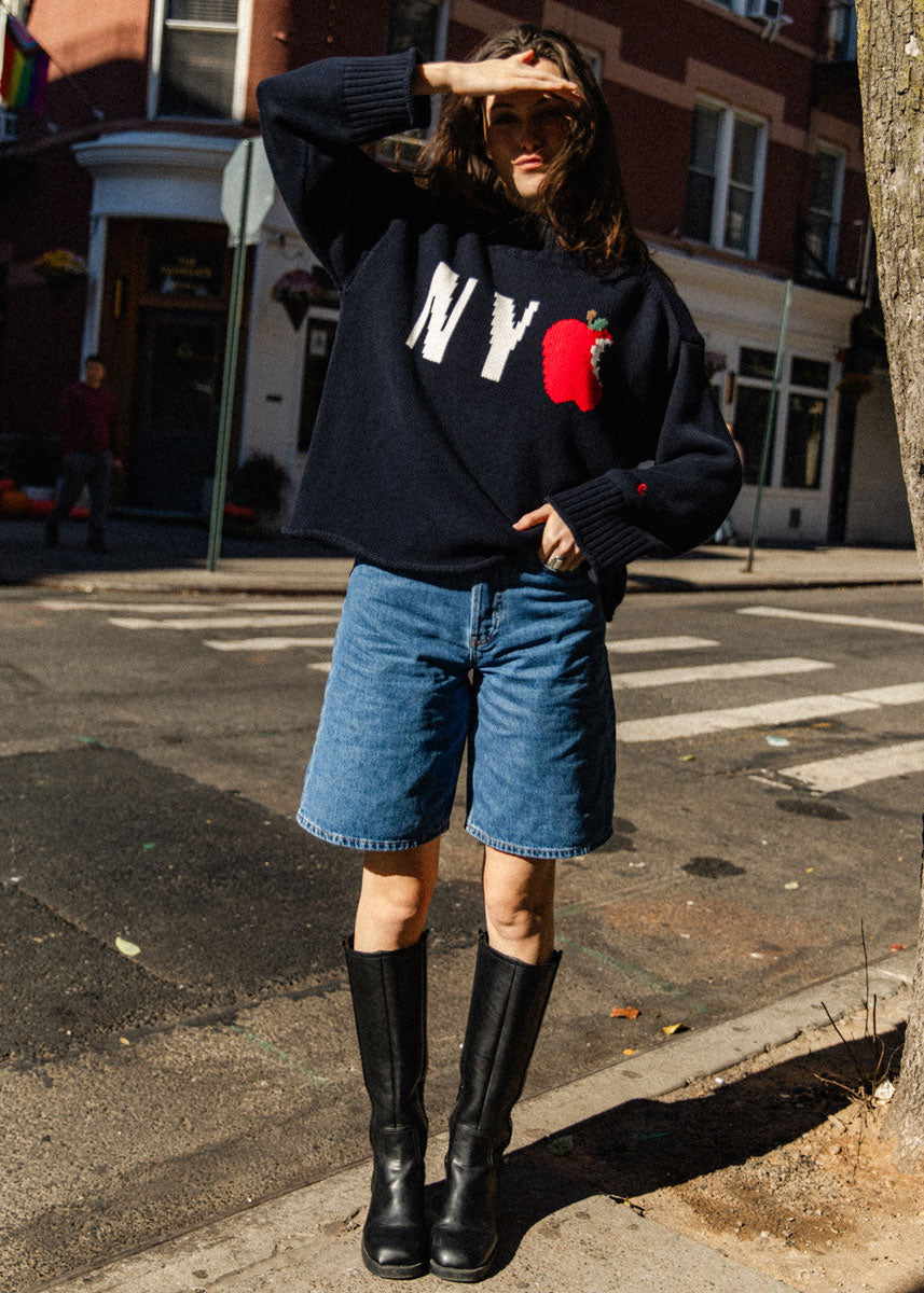 NYC Big Apple Roll Neck Sweater - Navy