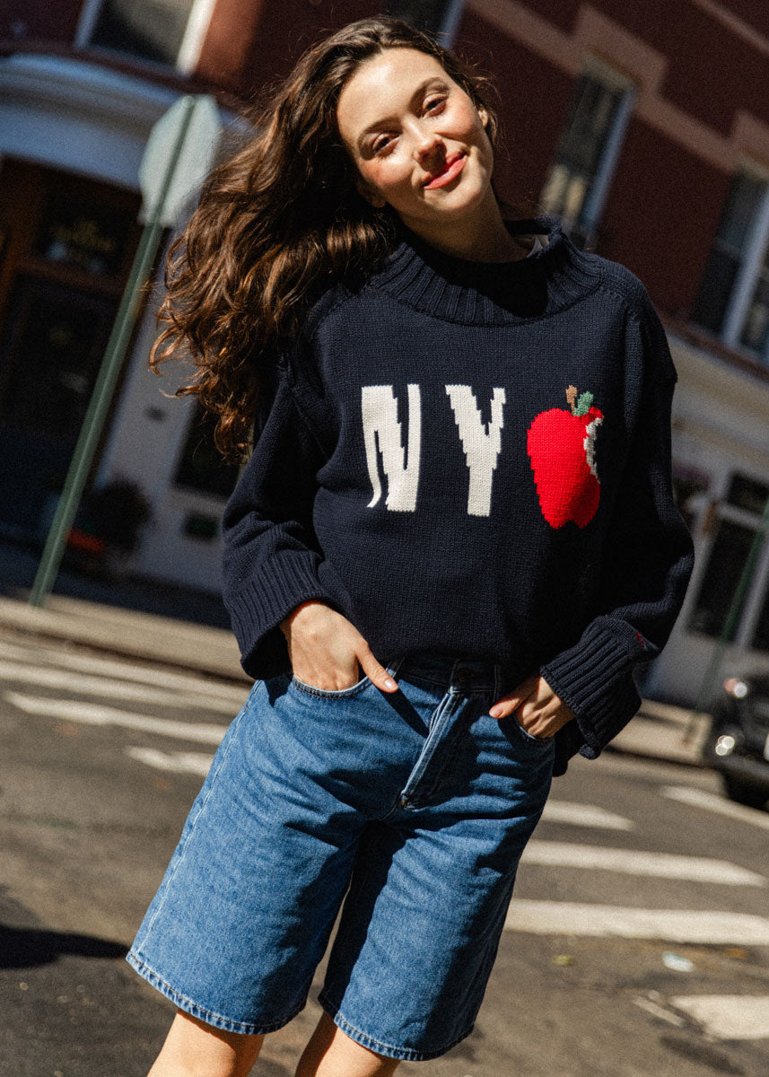 NYC Big Apple Roll Neck Sweater - Navy