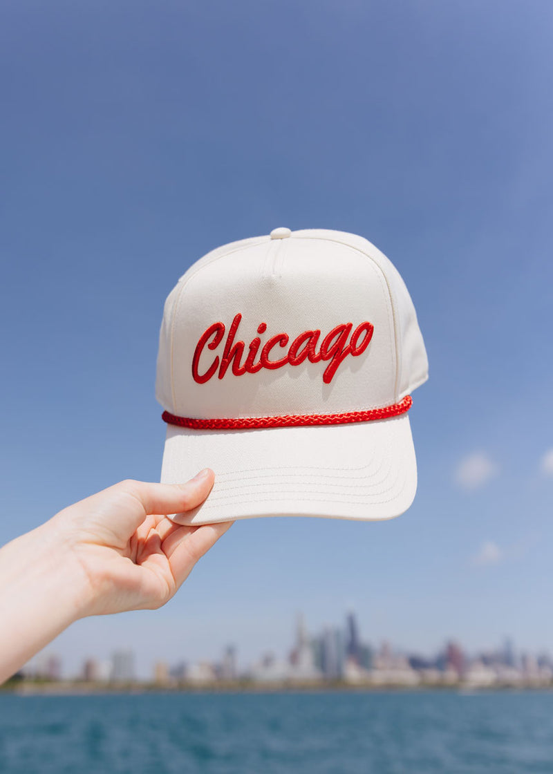 Chicago Script Rope Hat - Ivory & Red